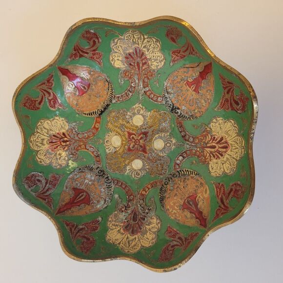 Vintage Solid Brass Hand Painted Pedestal Trinket Decorative Bowl - Picture 8 of 8